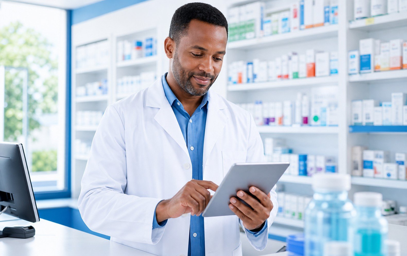 Professionnelle en pharmacie préparant un service patient