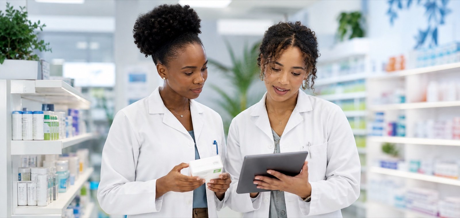 Pharmaciennes en officine travaillant avec une tablette en Martinique
